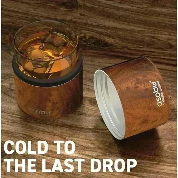 Asobu On The Rocks Kuzie Whiskey Glass Insulated Wood Color Sleeve 10 Ounce NIB - Picture 3 of 12